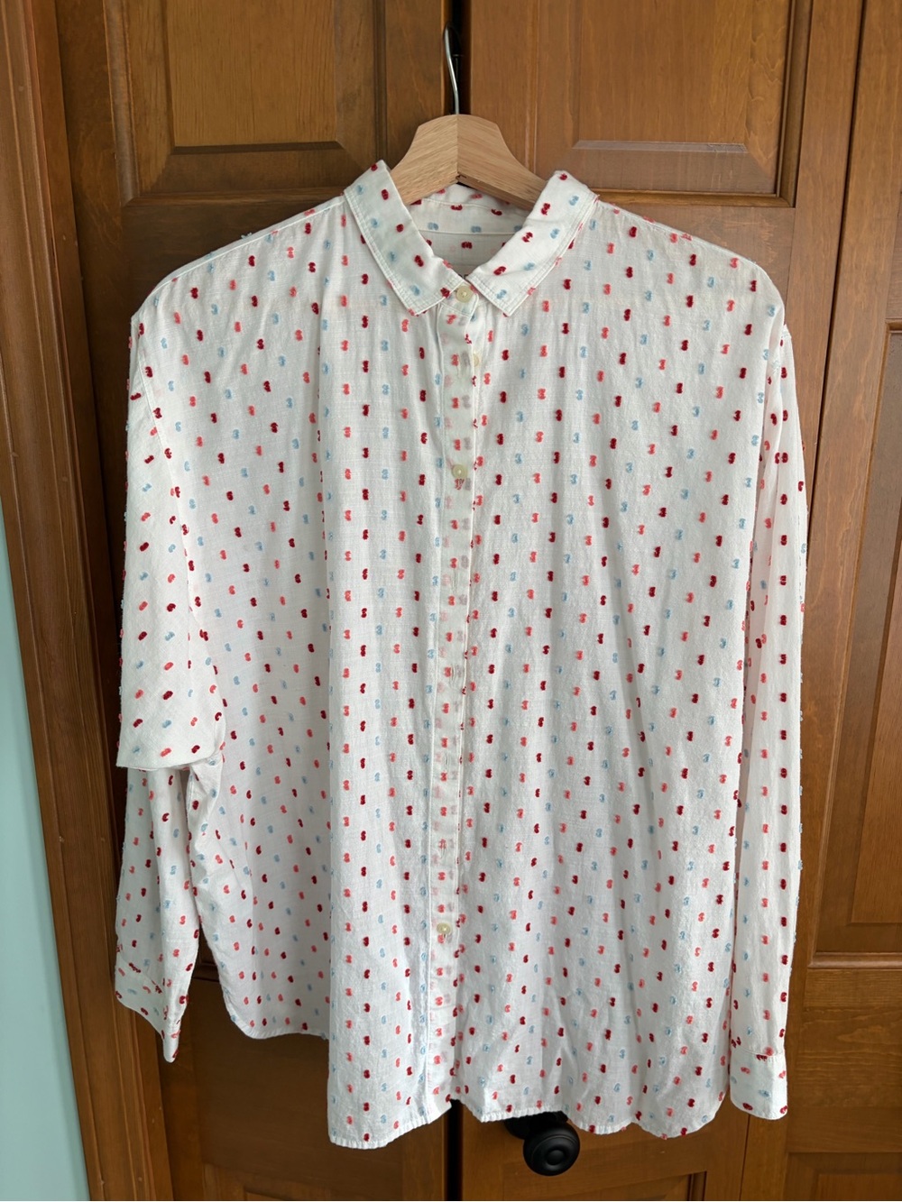 LOFT White Button-Up Shirt with Red & Light Blue Dot Print